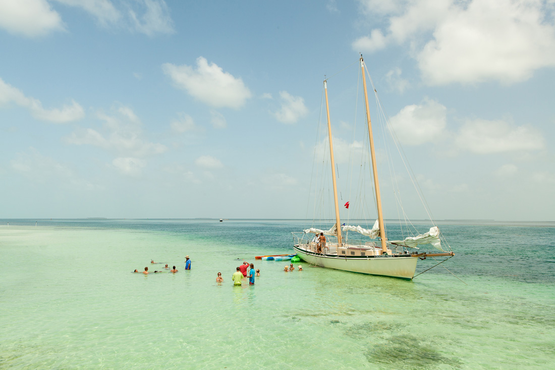 A bunch of people exploring the clear. shallow waters of Key West.